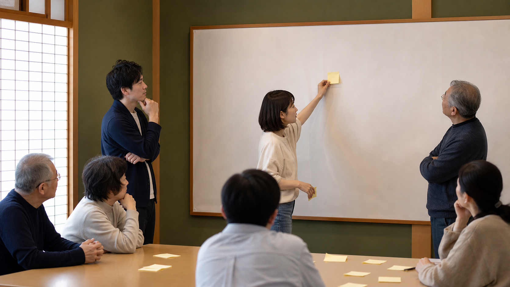 複数の案を並べて話し合う住民説明会の様子。参加と合意形成の場面