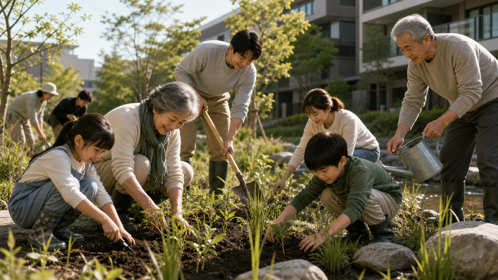 長期修繕計画と防災計画を同じ年表に並べて検討する管理組合の役員。将来展望の場面