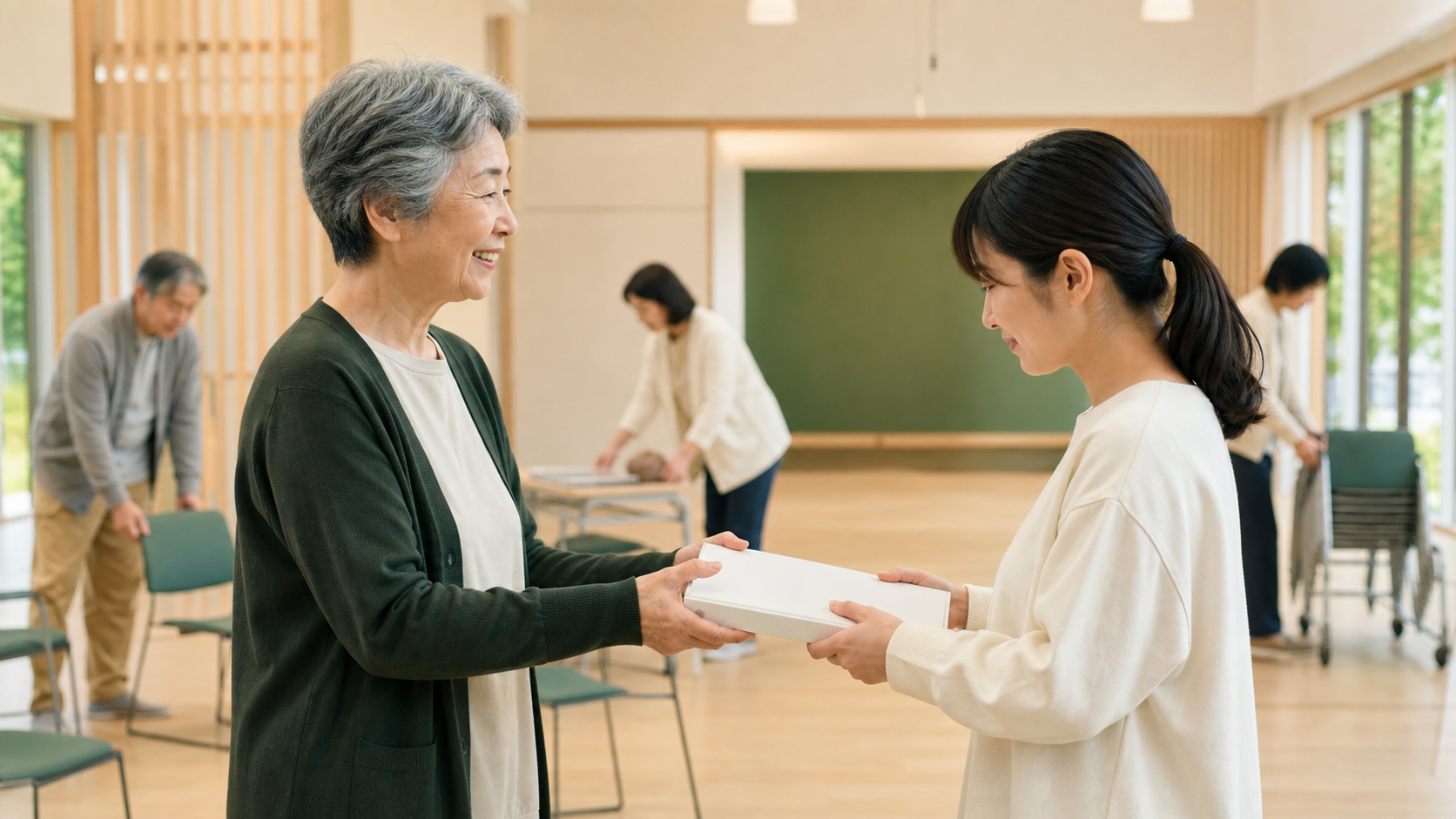 作業を小さく分けて分担表に書き出す管理組合の役員。担い手の設計の場面